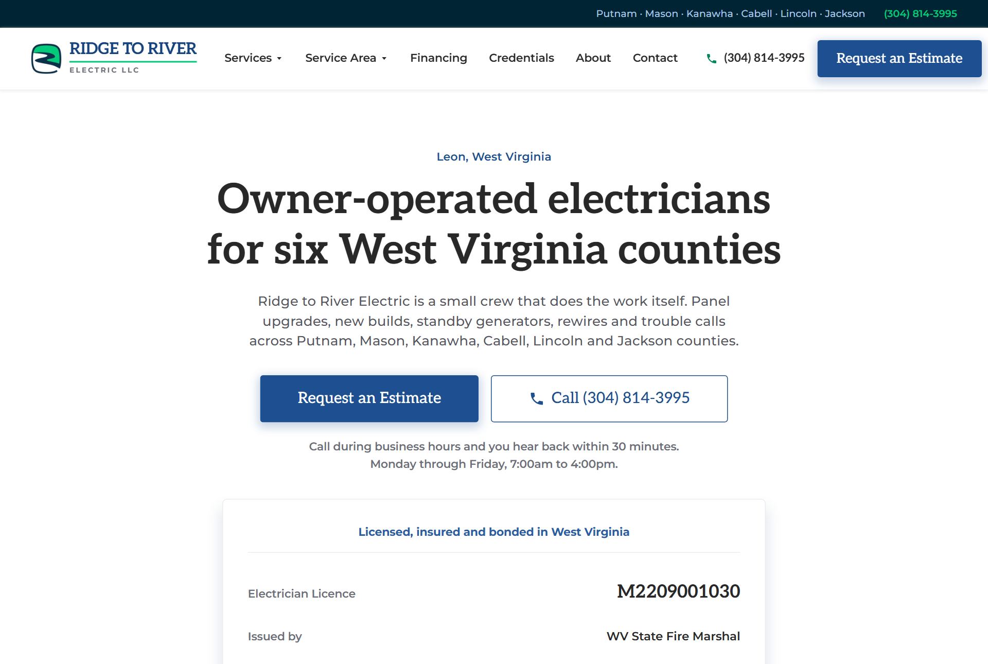 Ridge to River Electric website